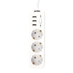Сетевой фильтр с USB зарядкой Perfeo Power Stream (3 розетки, 3 USB) Белый (2.0м)