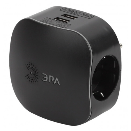 Тройник ЭРА SP-3e-USB (220V+2*USB 2100mA с з/к) Black