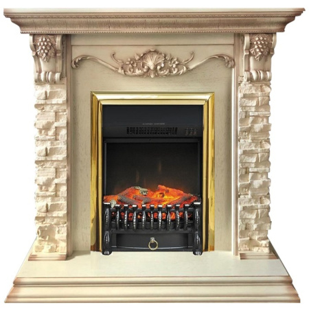 Каминокомплект: Портал Adriana слоновая кость, патина с очагом Royal Flame Fobos FXM Brass