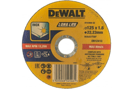 Диск отрезной по металлу DeWalt Inox 125x22,2х1,6 мм. Высокий ресурс