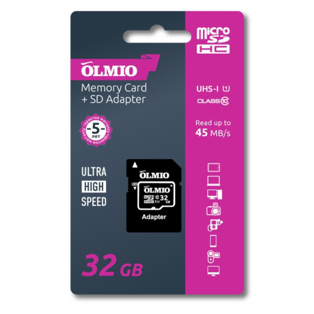 Карта флеш-памяти Olmio microSDHC 32Gb Class10 UHS-I U1 c адаптером