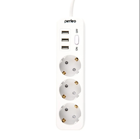 Сетевой фильтр с USB зарядкой Perfeo Power Stream (3 розетки, 3 USB) Белый (2.0м)