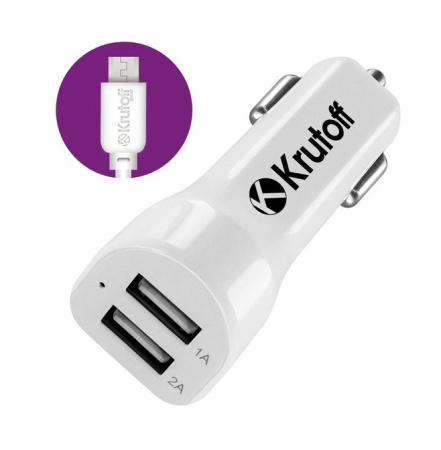 Авто З/У Krutoff CCH-01M 2xUSB, 2.1A + кабел micro USB White