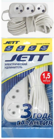 Удлинитель Jett ШВВП 2х0.75 3 роз. 1.5 м 6А белый РС-3