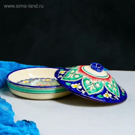 Масленка Шафран Риштанская Керамика Цветы синий 17 см 3554812