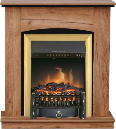 Каминокомплект: Портал Barcelona табачный дуб, черный с очагом Royal Flame Fobos FX Brass