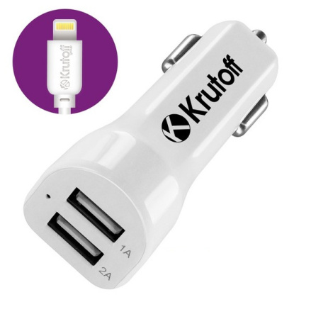 Авто З/У Krutoff CCH-01L 2xUSB, 2.1A + кабел Lightning White